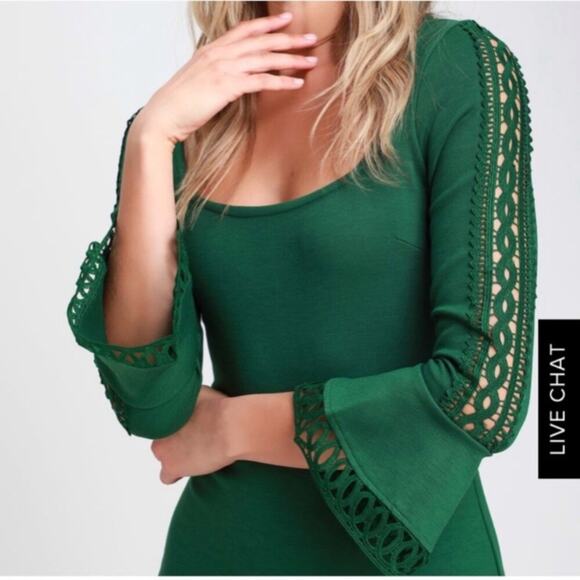 LULUS Emerald Green Bell Sleeve Mini Bodycon Cutout Dress XS Fitted NEW - Picture 2 of 11